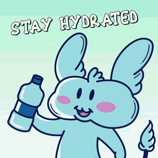 a cartoon bunny holding a bottle of water with the words stay hydrated