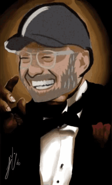 a drawing of a man with a beard wearing a hat and a tuxedo