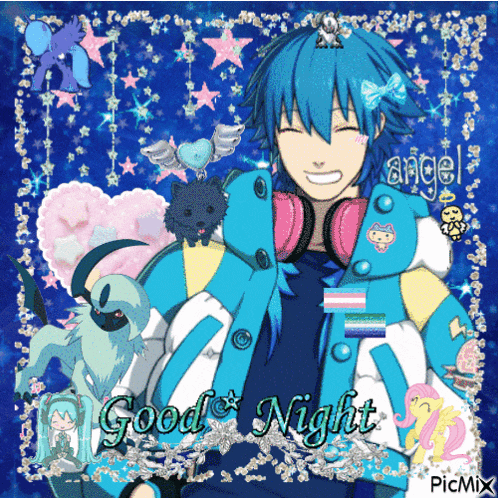 a picture of a blue haired anime character with the words good night written on it