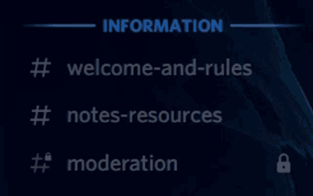 a dark blue background with the words information welcome-and-rules notes-resources moderation