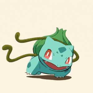 a cartoon drawing of a pokemon with a green leaf around its neck