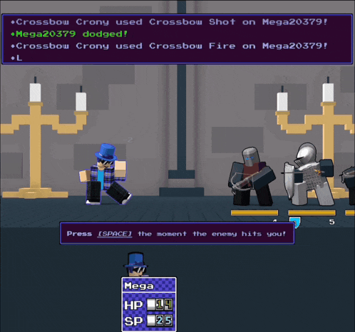 a screenshot of a video game that says crossbow crony used crossbow shot on mega20379 mega20379 dodged