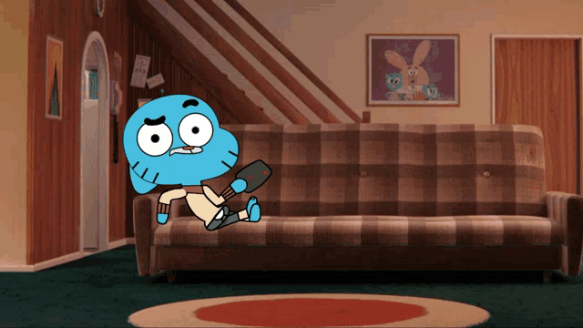 a cartoon character sitting on a couch with a remote control