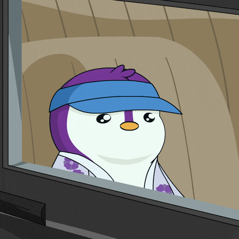 a cartoon penguin wearing a blue visor looks out of a window