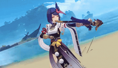 a girl in a kimono is holding a gun and a sword