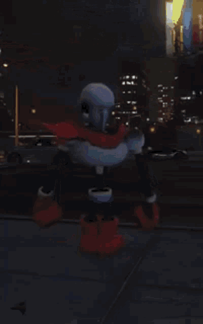 papyrus from undertale is standing on a sidewalk in front of a building .