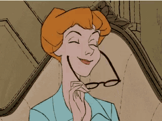 a cartoon woman with red hair is smiling while holding her glasses
