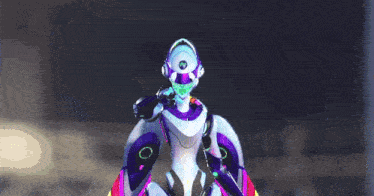 a robot with wings and a helmet is standing in a room .