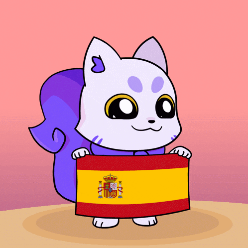 a cartoon cat is holding a spanish flag in its paws