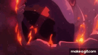a person is surrounded by fire in a purple and red background .