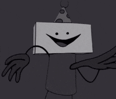 a cartoon character with a cardboard box on his head and a party hat on .