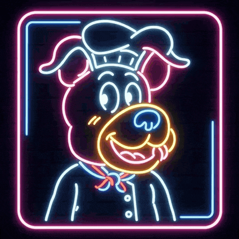 a neon sign of a cartoon dog wearing a chef 's hat