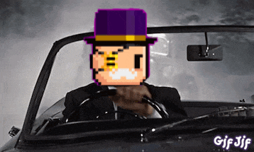 a pixelated man in a suit and top hat is driving a car .