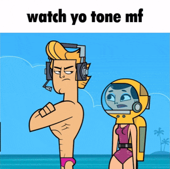 a cartoon of a man wearing headphones standing next to a woman in a swimsuit