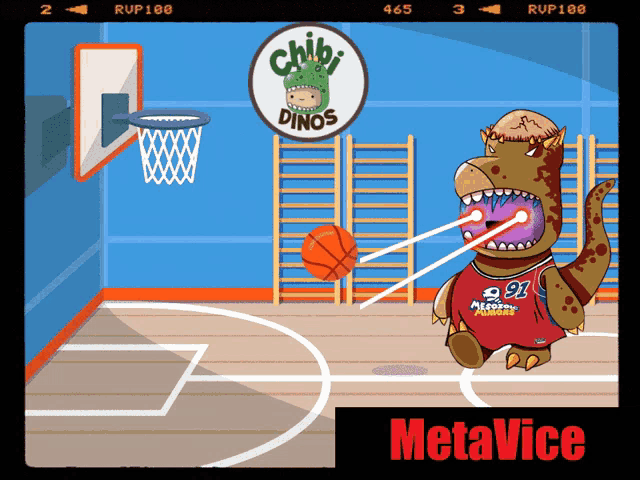 a cartoon of a dinosaur playing basketball with a sign that says chibi dinos on it