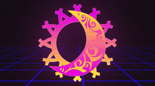 a neon sign of a crescent moon and snowflakes on a grid background