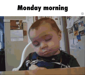 a baby sitting in a high chair with the words monday morning written above him