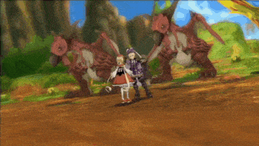 a girl in a red dress is standing next to a boy in a purple outfit in a video game