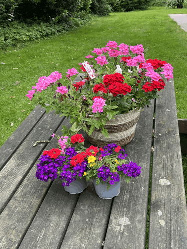 a wooden picnic table with a basket of flowers on it