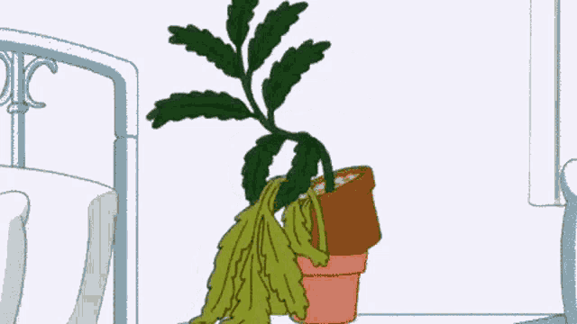 a cartoon drawing of a plant in a pot next to a bed and chair