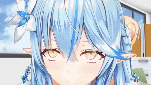 a close up of a blue haired anime character