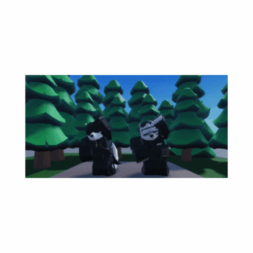 two cartoon characters are standing next to each other in front of a forest