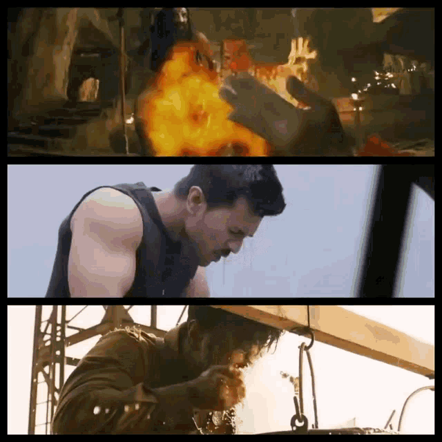 a collage of three pictures of a man in a tank top with a fire behind him