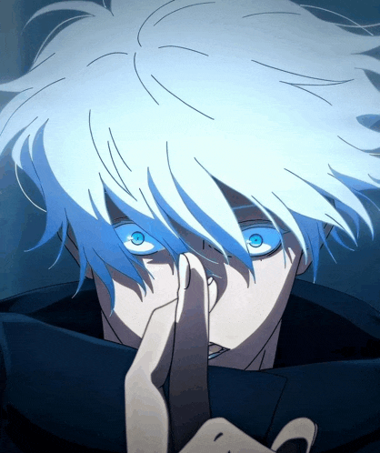 a close up of a person 's face with blue eyes and white hair