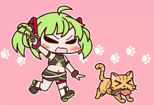 a cartoon of a girl and a cat with paw prints