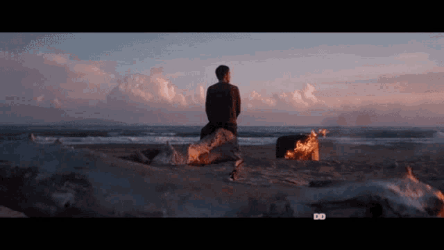 a man sits on a log on a beach looking at the ocean with the letters do below him