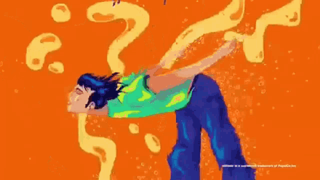 a cartoon illustration of a person holding a bottle of mirinda