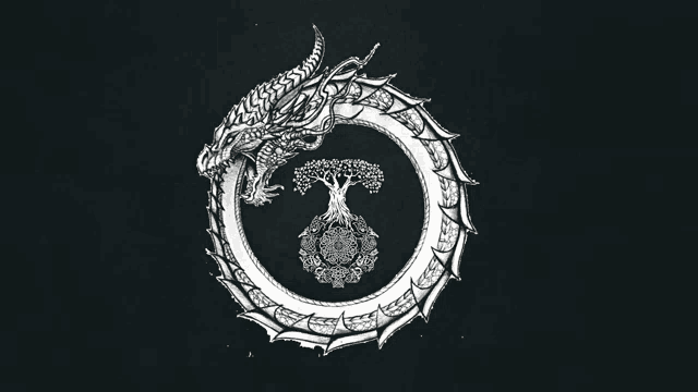 a black and white drawing of a dragon with a tree in the center