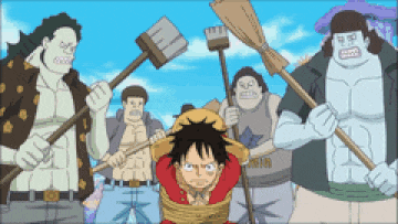 monkey d luffy is tied up and surrounded by a group of men holding weapons