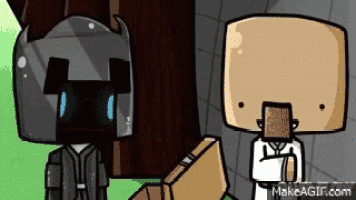 a couple of cartoon characters standing next to each other with boxes on their heads .