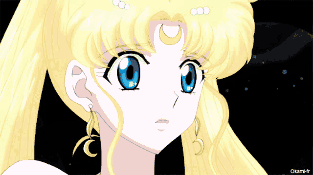a close up of a blonde anime character with blue eyes