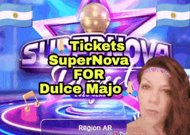a woman stands in front of a sign that says tickets supernova for dulce mayo