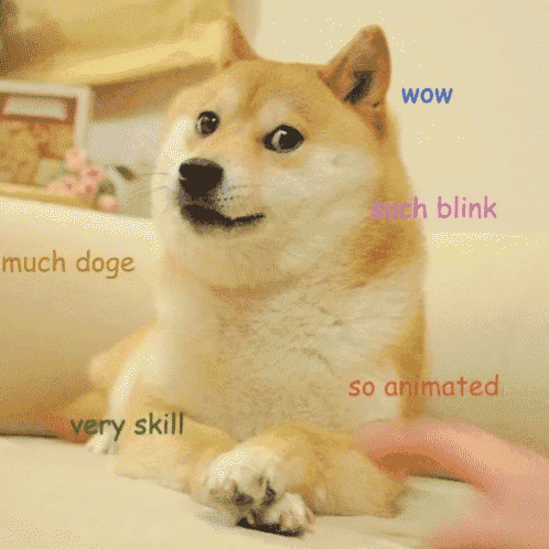 a dog with the words wow such blink and so animated written on it