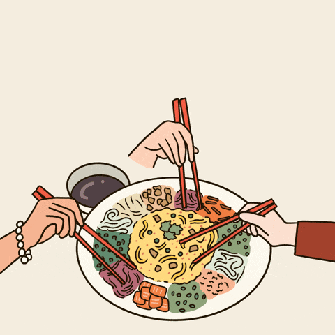 a cartoon of people eating food with chopsticks