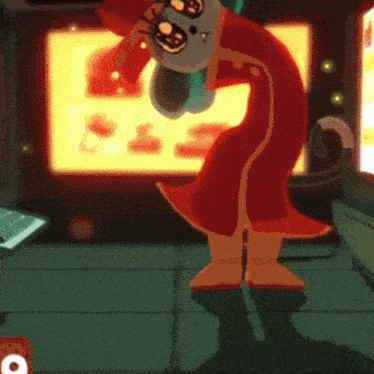 a cartoon character is standing in front of a screen that says ' a ' on it