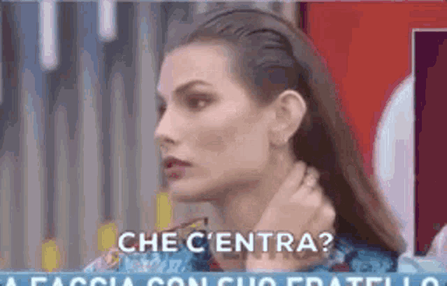 a close up of a woman 's face with the words `` che c ' entra '' written above her .