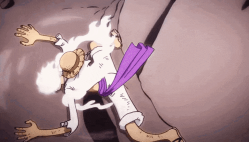 a cartoon character is laying on the ground with his arms outstretched and a purple scarf around his waist .