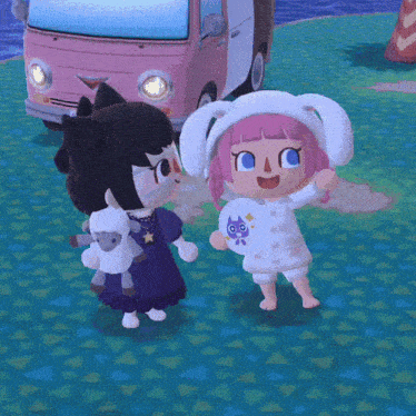 two cartoon characters are standing next to each other in front of a pink vehicle