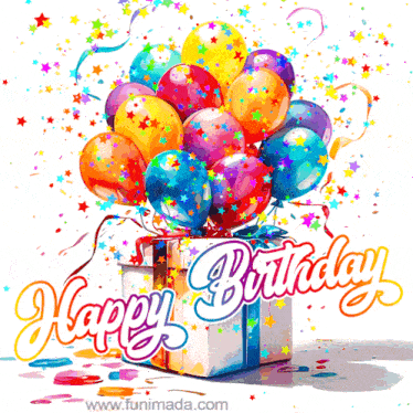 a happy birthday greeting card with balloons in a gift box
