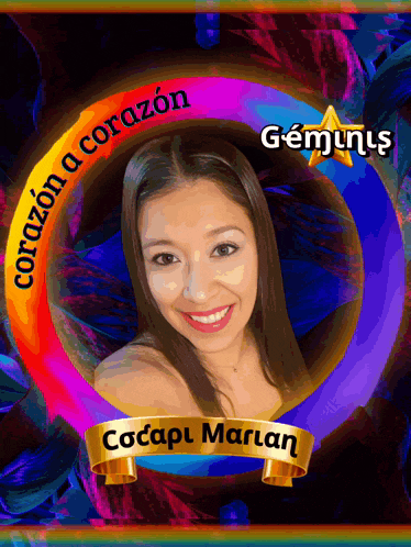 a woman in a colorful circle with the word geminis on it