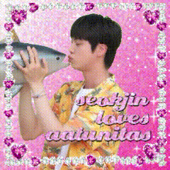 a picture of a man kissing a fish with the words seokjin loves actinitas