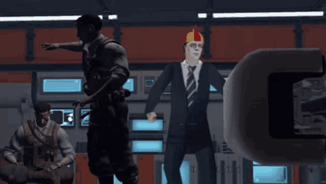 a man in a suit and tie is dancing with another man in a red hat in a video game