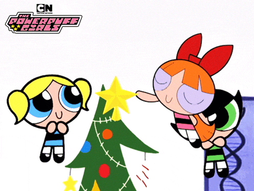 the powerpuff girls are decorating a christmas tree with a star