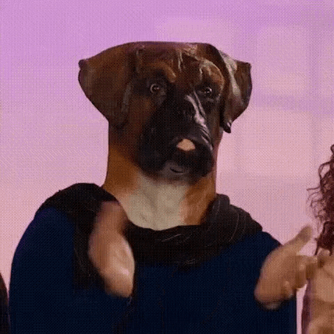 a man wearing a boxer dog mask is clapping .
