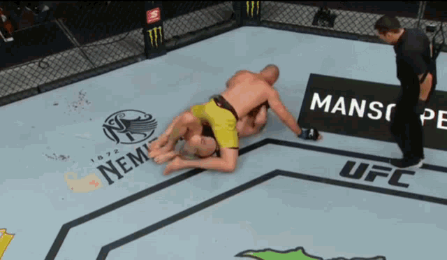 two men are wrestling in a ufc ring with a man standing behind them