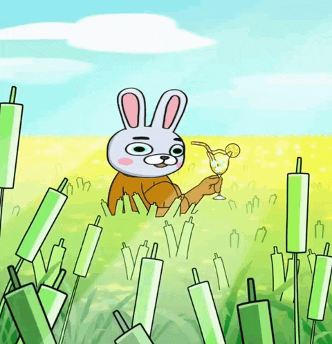 a cartoon of a rabbit holding a drink in a field of green sticks